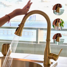 Load image into Gallery viewer, Videcshop Kitchen Faucet Brushed Gold / Stainless Steel / Smart Touch On VIDEC KW-88J  Smart Touch On Kitchen Faucet, 3 Modes Pull Down Sprayer, Smart Touch Sensor Activated, Auto ON/Off, Ceramic Valve, 360-Degree Rotation, 1 or 3 Hole Deck Plate.
