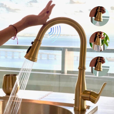 Videcshop Kitchen Faucet Brushed Gold / Stainless Steel / Smart Touch On VIDEC KW-88J  Smart Touch On Kitchen Faucet, 3 Modes Pull Down Sprayer, Smart Touch Sensor Activated, Auto ON/Off, Ceramic Valve, 360-Degree Rotation, 1 or 3 Hole Deck Plate.