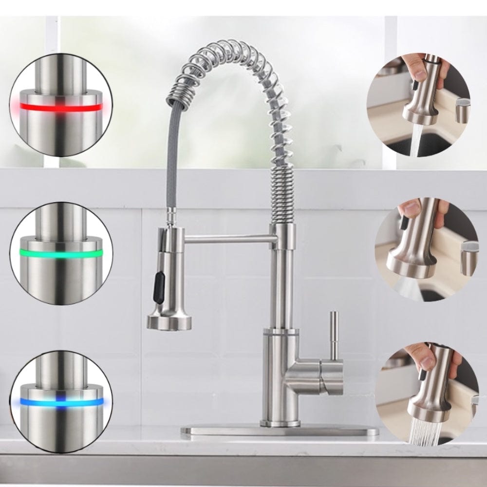 Videcshop Kitchen Faucet Brushed Nickel / Stainless Steel / Smart Led Temperature Control VIDEC KW-56SN Smart Kitchen Faucet, 3 Modes Pull Down Sprayer, Smart LED For Water Temperature Control, Ceramic Valve, 360-Degree Rotation, 1 or 3 Hole Deck Plate.