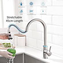 Load image into Gallery viewer, Videcshop Kitchen Faucet Brushed Nickel / Stainless Steel / Smart Led Temperature Control VIDEC KW-68SN  Smart Kitchen Faucet, 3 Modes Pull Down Sprayer, Smart LED For Water Temperature Control, Ceramic Valve, 360-Degree Rotation, 1 or 3 Hole Deck Plate.

