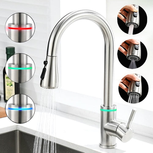 Videcshop Kitchen Faucet Brushed Nickel / Stainless Steel / Smart Led Temperature Control VIDEC KW-68SN  Smart Kitchen Faucet, 3 Modes Pull Down Sprayer, Smart LED For Water Temperature Control, Ceramic Valve, 360-Degree Rotation, 1 or 3 Hole Deck Plate.