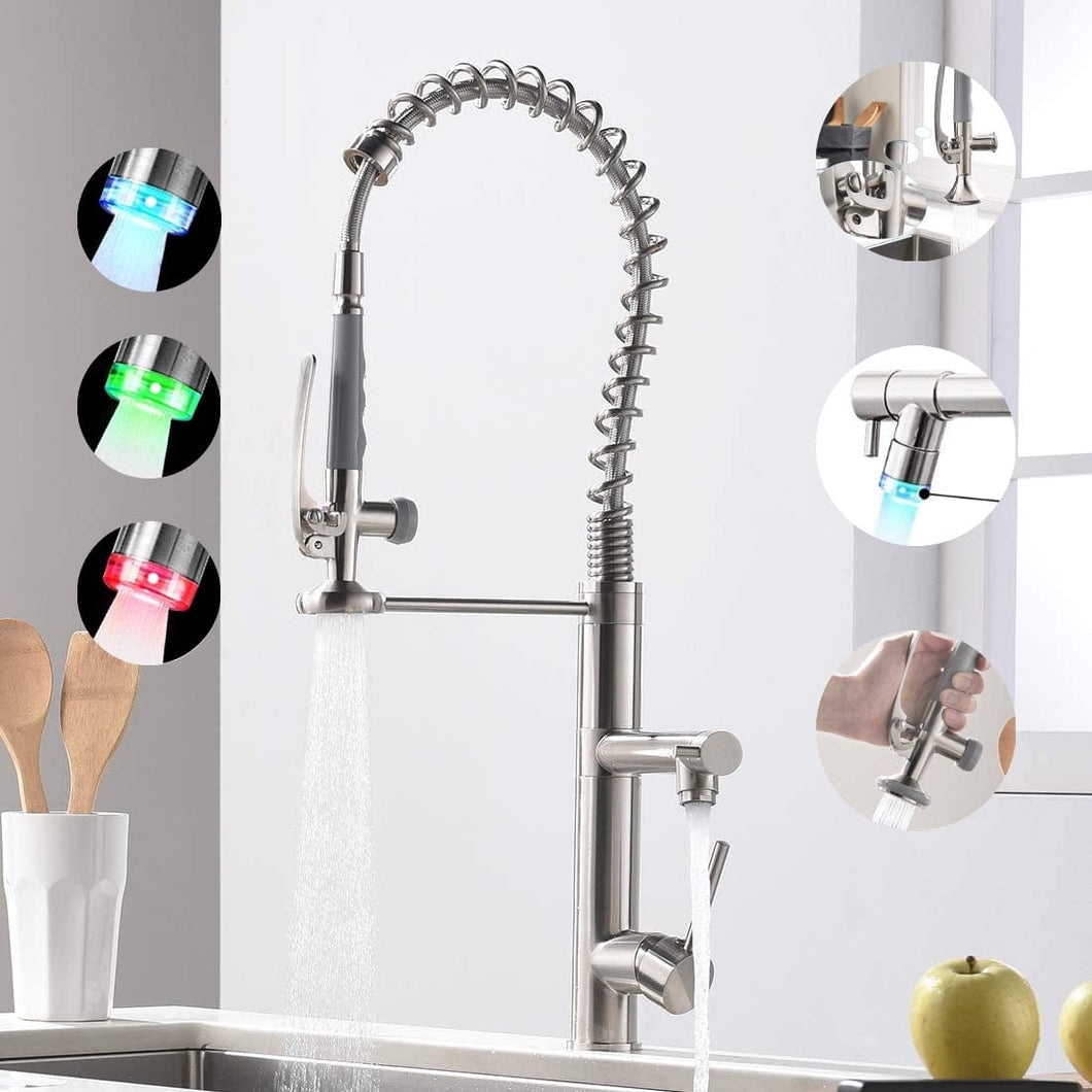 Videcshop Kitchen Faucet Brushed Nickel / Stainless Steel / Smart Spray VIDEC KW-29SN Smart Kitchen Faucet, 3 Modes Pull Down Sprayer, LED Temperature Control, Ceramic Valve, 360-Degree Rotation, 1 or 3 Hole Deck Plate.
