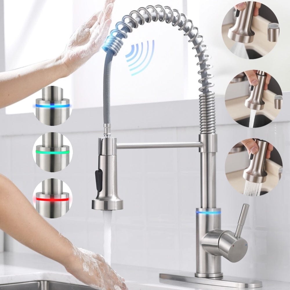 Videcshop Kitchen Faucet Brushed Nickel / Stainless Steel / Smart Touch On VIDEC KW-66SN Smart Touch On Kitchen Faucet, 3 Modes Pull Down Sprayer, Smart Touch Sensor Activated, LED Temperature Control, Auto ON/Off, Ceramic Valve, 360-Degree Rotation, 1 or 3 Hole Deck Plate.