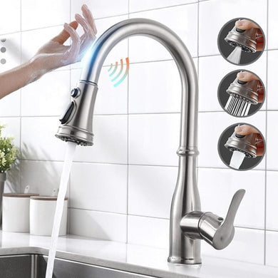 Videcshop Kitchen Faucet Brushed Nickel / Stainless Steel / Smart Touch on VIDEC KW-88SN Smart Touch On Kitchen Faucet, 3 Modes Pull Down Sprayer, Smart Touch Sensor Activated, Auto ON/Off, Ceramic Valve, 360-Degree Rotation, 1 or 3 Hole Deck Plate.
