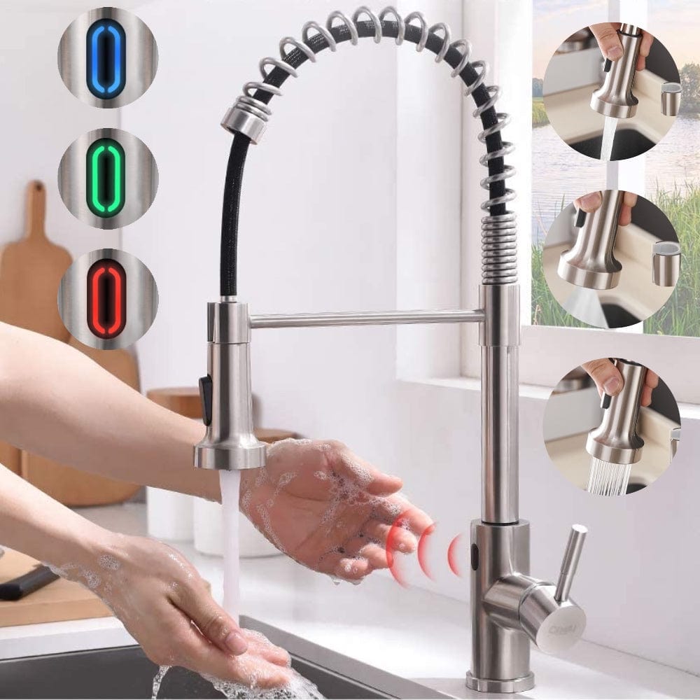 Videcshop Kitchen Faucet Brushed Nickel / Stainless Steel / Smart Touchless VIDEC KW-79SN Smart Touchless Kitchen Faucet, 3 Modes Pull Down Sprayer, Smart Motion Sensor Activated, LED Temperature Control, Auto ON/Off, Ceramic Valve, 360-Degree Rotation, 1 or 3 Hole Deck Plate.