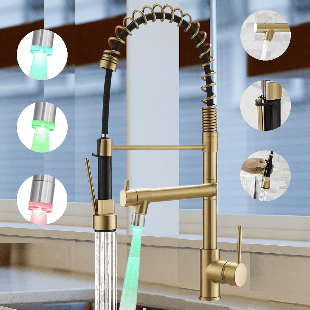Videcshop Kitchen Faucet Champaign Gold / Stainless Steel / Smart Led Temperature Control VIDEC KW-21CG Smart Kitchen Faucet, 3 Modes Pull Down Sprayer, Smart LED for Water Temperature Control, Ceramic Valve, 360-Degree Rotation, 1 or 3 Hole Deck Plate. ( Champagne Gold).