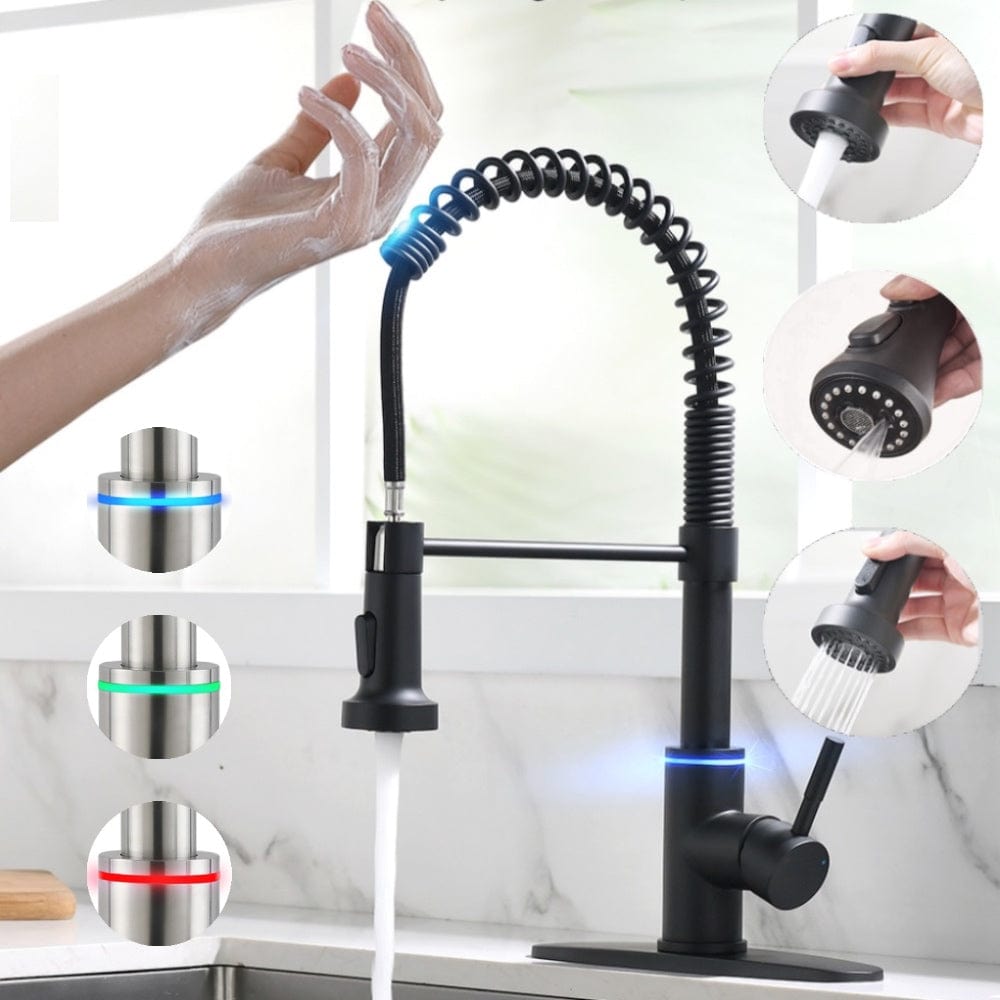 Videcshop Kitchen Faucet Matt Black / Stainless Steel / Smart Touch On VIDEC KW-66R Smart Touch On Kitchen Faucet, 3 Modes Pull Down Sprayer, Smart Touch Sensor Activated, LED Temperature Control, Hands-Free Auto ON/Off, Ceramic Valve, 360-Degree Rotation, 1 or 3 Hole Deck Plate.