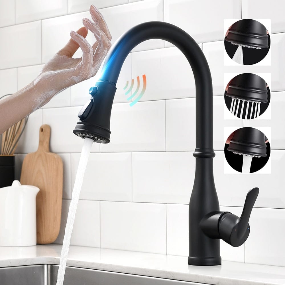 Videcshop Kitchen Faucet Matt Black / Stainless Steel / Smart Touch on VIDEC KW-88R Smart Touch On Kitchen Faucet, 3 Modes Pull Down Sprayer, Smart Touch Sensor Activated, Auto ON/Off, Ceramic Valve, 360-Degree Rotation, 1 or 3 Hole Deck Plate.
