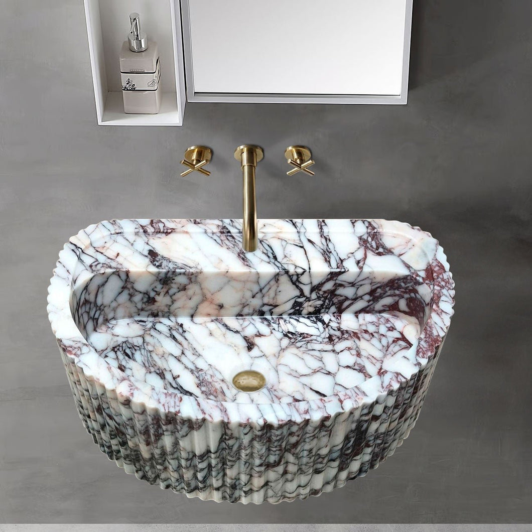 Calacatta Viola Marble Wall-Mount Fluted Half-Round Bathroom Sink (W)16