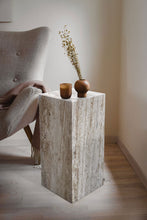 Cargar imagen en el visor de la galería, Walnut Travertine Vein-cut Cube Design End/Side Table, Nightstand Polished (W)10&quot; (L)10&quot; (H)24&quot;
