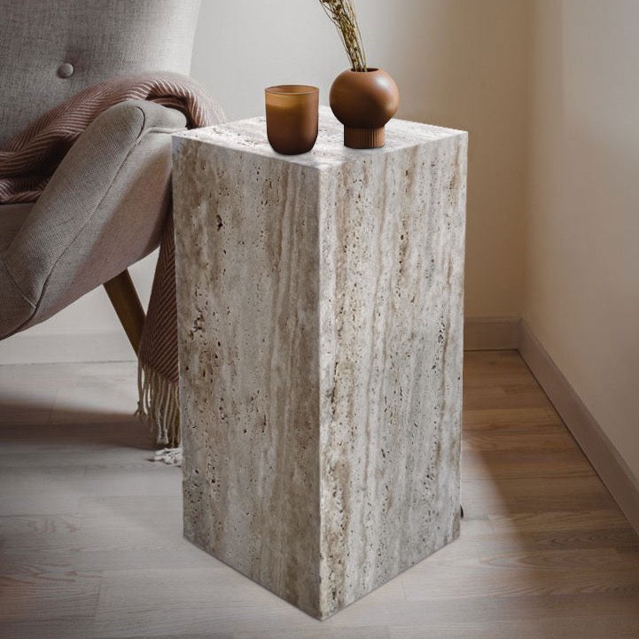 Walnut Travertine Vein-cut Cube Design End/Side Table, Nightstand Polished (W)10