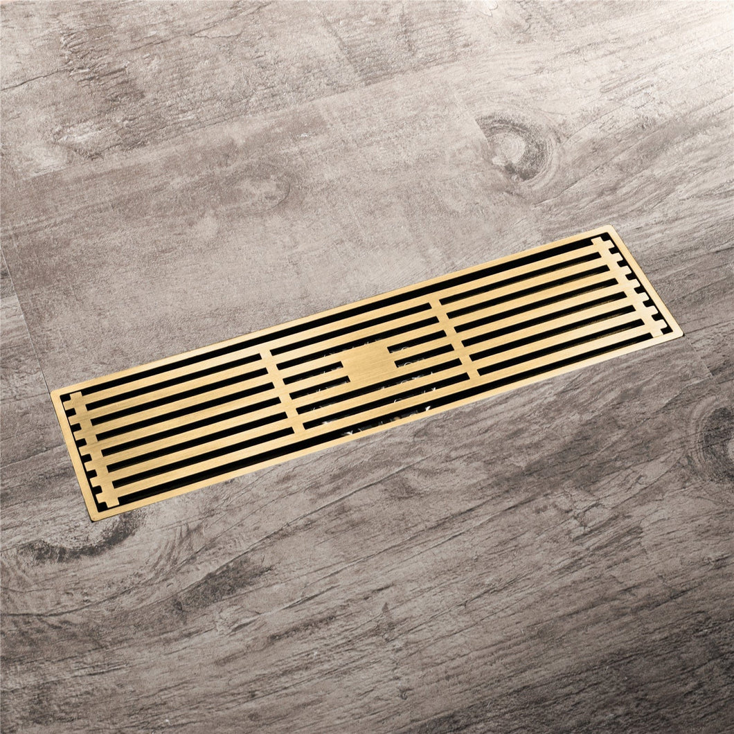 wonderland shower inc Shower Accesories 12-Inch Brushed Gold Rectangular Floor Drain - Square Hole Pattern Cover Grate - Removable - Includes Accessories