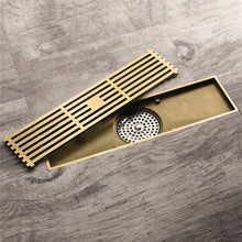 Load image into Gallery viewer, wonderland shower inc Shower Accesories 12-Inch Brushed Gold Rectangular Floor Drain - Square Hole Pattern Cover Grate - Removable - Includes Accessories
