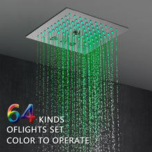 Load image into Gallery viewer, wonderland shower inc Shower Faucets Sets 12-Inch Brushed Nickel Flush Mount Shower Faucet Set: 4-Way Thermostatic Control, 64-Color LED Lights, Bluetooth Music, Body Sprayers, and Regular Head

