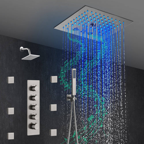 wonderland shower inc Shower Faucets Sets 12-Inch Brushed Nickel Flush Mount Shower Faucet Set: 4-Way Thermostatic Control, 64-Color LED Lights, Bluetooth Music, Body Sprayers, and Regular Head