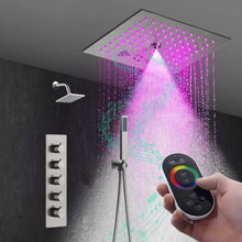 Load image into Gallery viewer, wonderland shower inc Shower Faucets Sets 12-Inch Flush-Mount Brushed Nickel Thermostatic Shower Faucet: 4-Way Control, 64-Color LED, Bluetooth Music, and Regular Head
