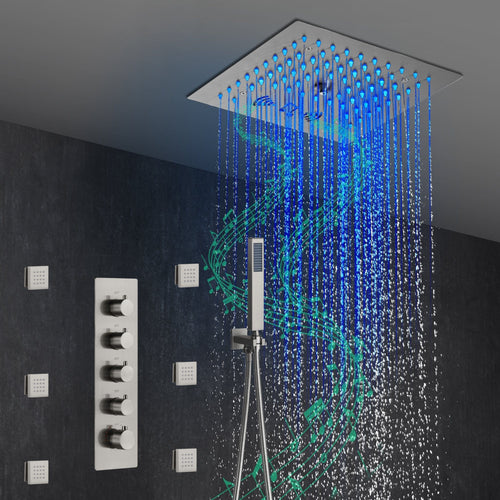 wonderland shower inc Shower Faucets Sets 12-Inch Flush-Mount Brushed Nickel Thermostatic Shower Faucet: 4-Way Control, 64-Color LED Lighting, Bluetooth Music, and Body Sprayers