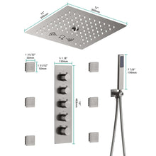 Load image into Gallery viewer, wonderland shower inc Shower Faucets Sets 12-Inch Flush-Mount Brushed Nickel Thermostatic Shower Faucet: 4-Way Control, 64-Color LED Lighting, Bluetooth Music, and Body Sprayers
