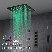 Load image into Gallery viewer, wonderland shower inc Shower Faucets Sets 12-Inch Flush-Mount Matte Black Thermostatic Shower Faucet: 4-Way Control, 64-Color LED Lighting, Bluetooth Music, Optional Digital Display, and Body Sprayers
