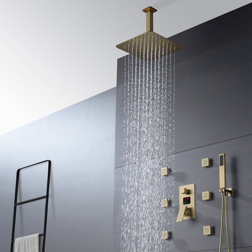 wonderland shower inc Shower Faucets Sets 12'' non led rain head 12-Inch or 16-Inch Brushed Gold Ceiling-Mounted Shower System - Features 3-Way Digital Display Anti-Scald Valve & Includes 6 Body Jets