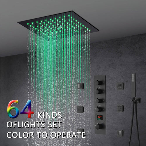 wonderland shower inc Shower Faucets Sets with digital display 12-Inch Flush-Mount Matte Black Thermostatic Shower Faucet: 4-Way Control, 64-Color LED Lighting, Bluetooth Music, Optional Digital Display, and Body Sprayers