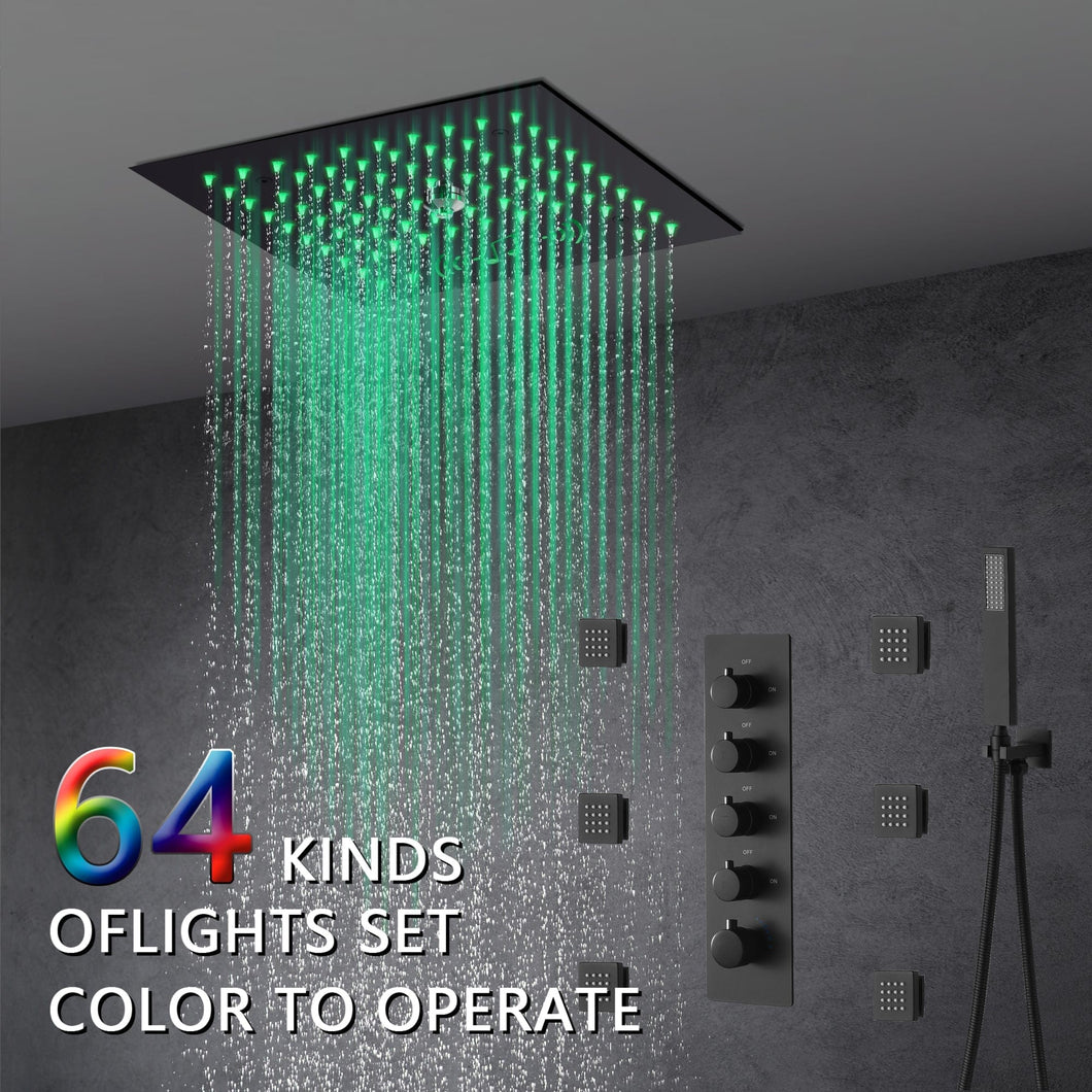 wonderland shower inc Shower Faucets Sets without digital display 12-Inch Flush-Mount Matte Black Thermostatic Shower Faucet: 4-Way Control, 64-Color LED Lighting, Bluetooth Music, Optional Digital Display, and Body Sprayers