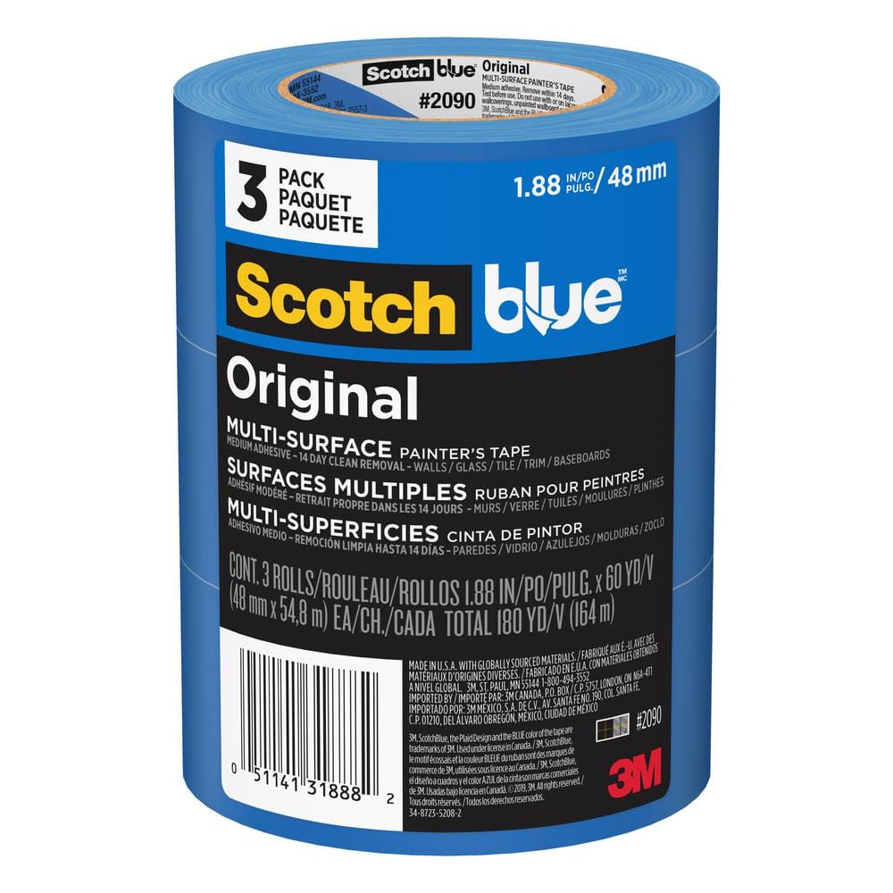 3M Scotch Painters Masking Tape, 2 inch x 60 yards, 3 inch Core, Blue, 3/Pack